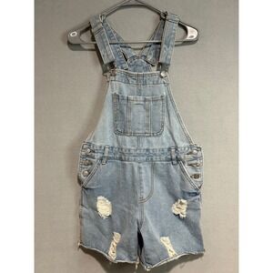 Denim Shortalls Womens Medium Distressed Ripped Raw Hem Grunge Y2K Beach Summer